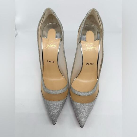 Christian Louboutin Silver Glitter Leather Mini Rete Galativi 100mm Pumps EU 42 - Picture 2 of 9